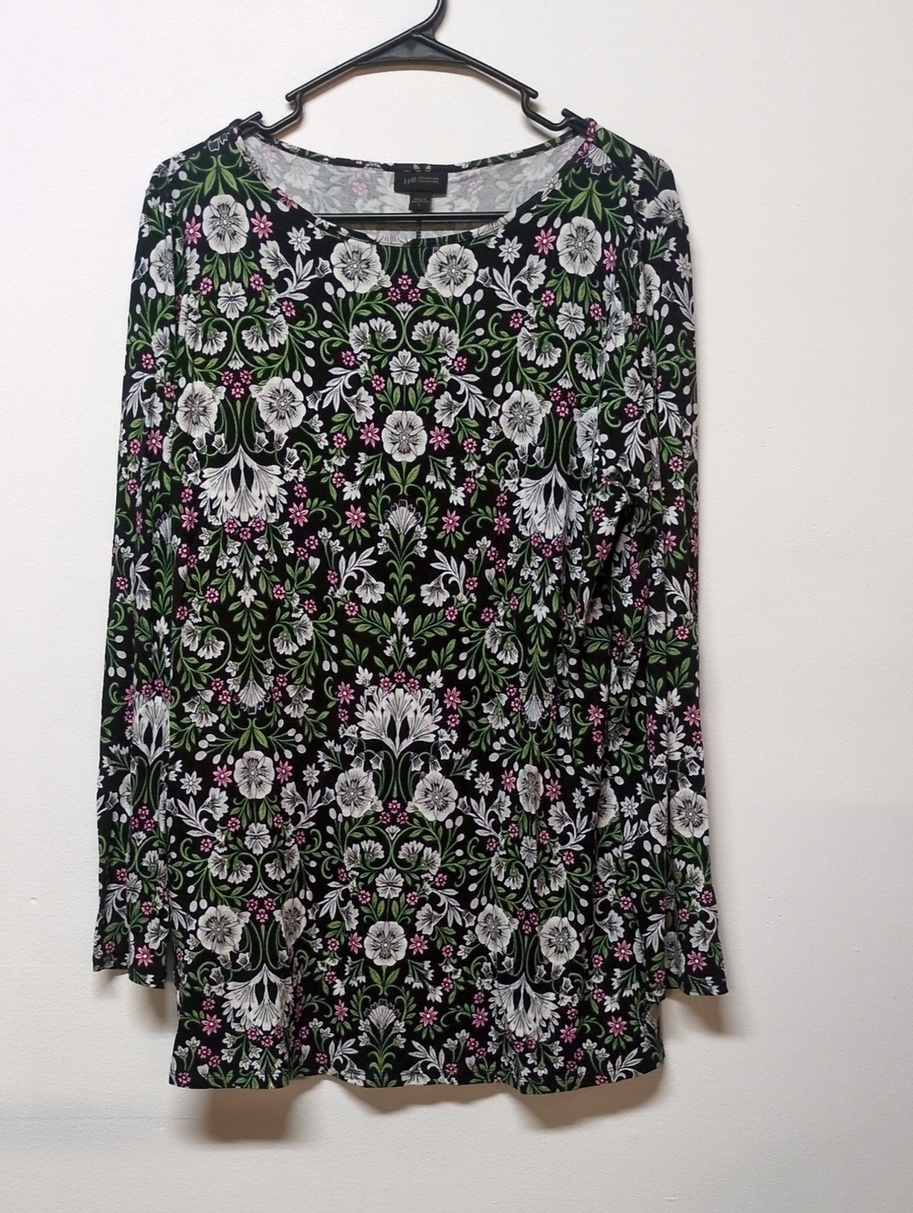J.Jill Wearever Collection Black Floral Print Long Sleeve Tunic — Size Large